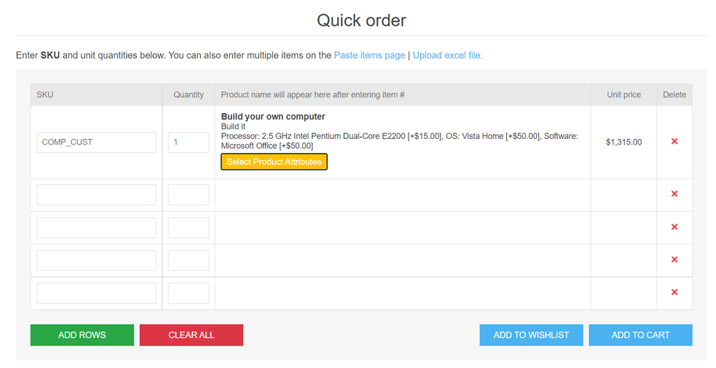 Quick order page attribute