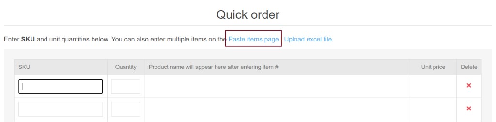 Quick order paste menu item