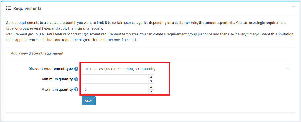 discount requirement for on shopping cart quantity nopcommerce discount rule
